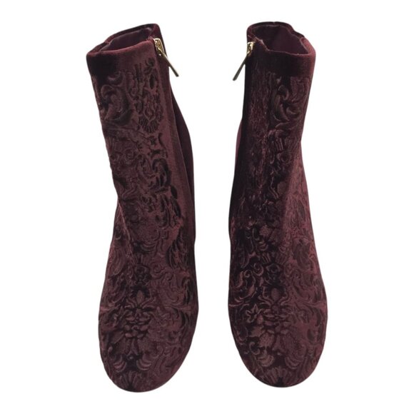 Jessica Simpson Wovella Velvet Embroidered Ankle Boots Women 9 Maroon Wine Block - Picture 5 of 16